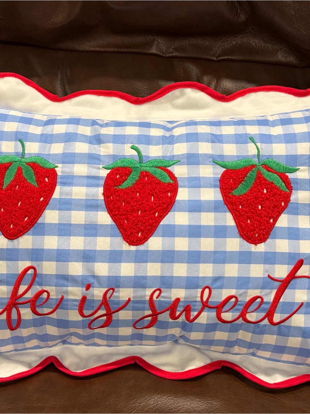 Blue Gingham Strawberry Embroidered Accent Pillow